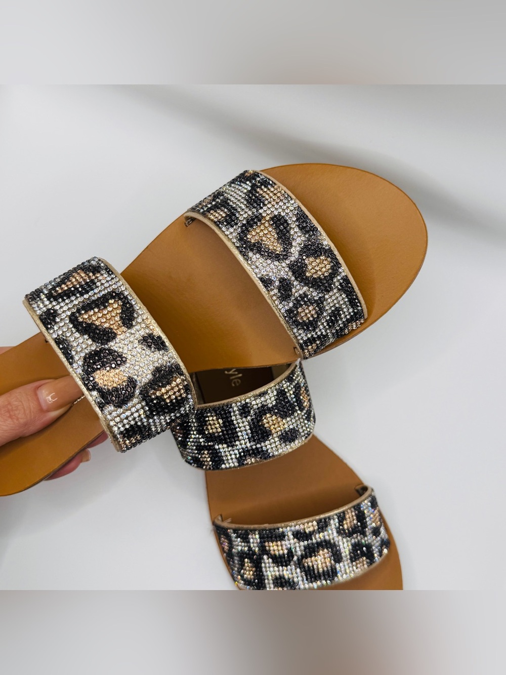 Women’s Leopard Print Shimmer Double-Strap Slide Sandals - Size 11